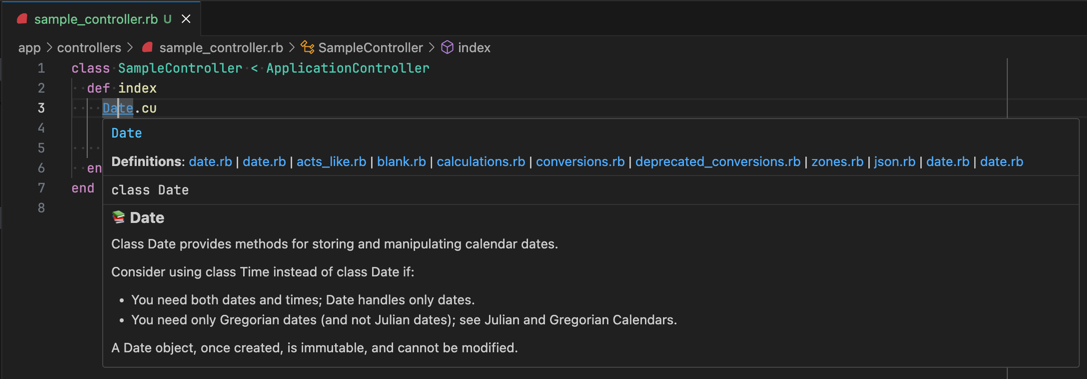 Dateクラスのドキュメントのポップアップ